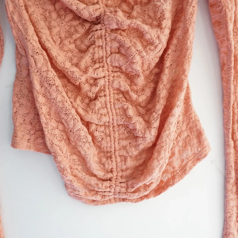 Free People Lace Ruched Top Blouse Long Sleeve Drawstring Peach Boho Bohemian‎ S